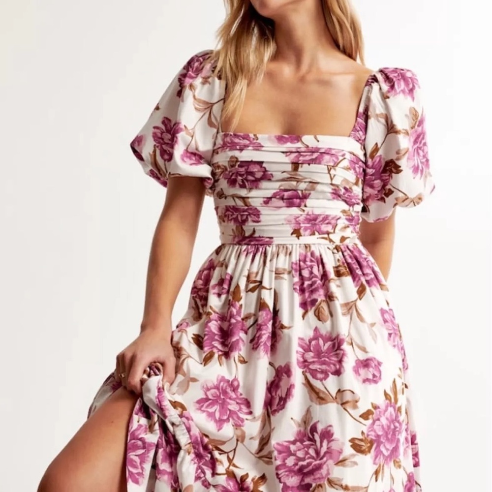Floral Poplin Puff-Sleeve Midi Dress in Pink White and Cream